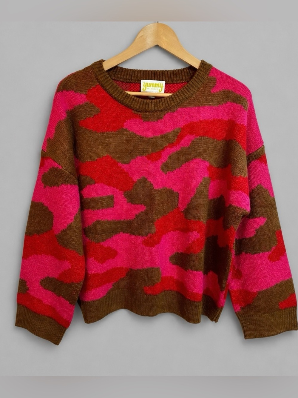 Yummy Pink Camo Crewneck Sweater Medium | Hot Pink Brown Knit Pullover | Boho - Picture 2 of 6